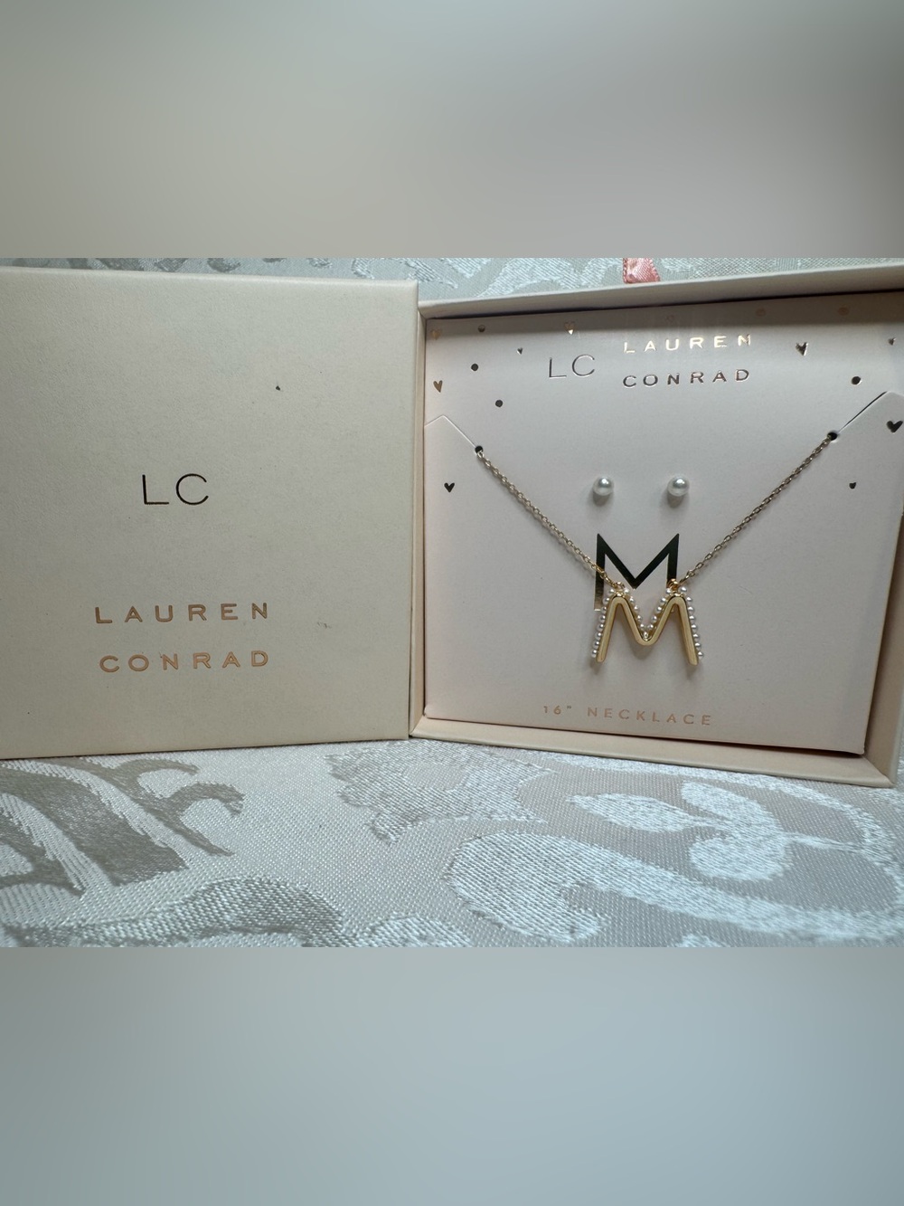 New LC Lauren Conrad Two-Tone Gold Initial M Necklace with Pearl Studs